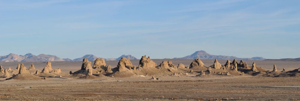 The Trona Pinnacles in the setting sun.