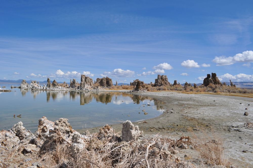 tufa pinnacles reflect in the water at Mono Lake