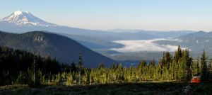 Spectacular view of Mt. Adams from our tent, which you see on the left.