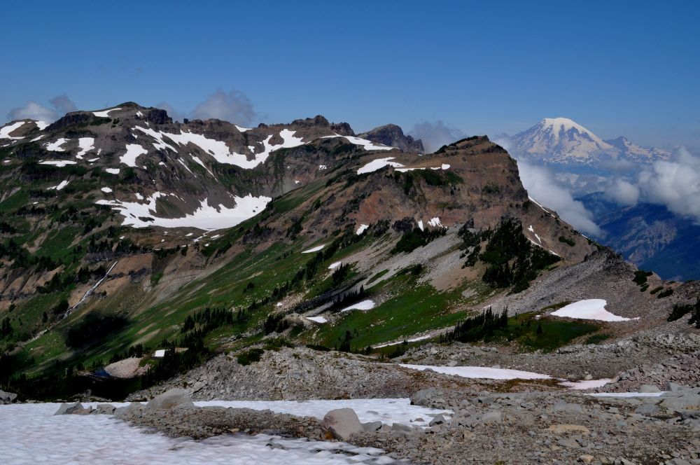 Just left of the view above, Goat Lake rests in a cirque and drains by a high waterfall.