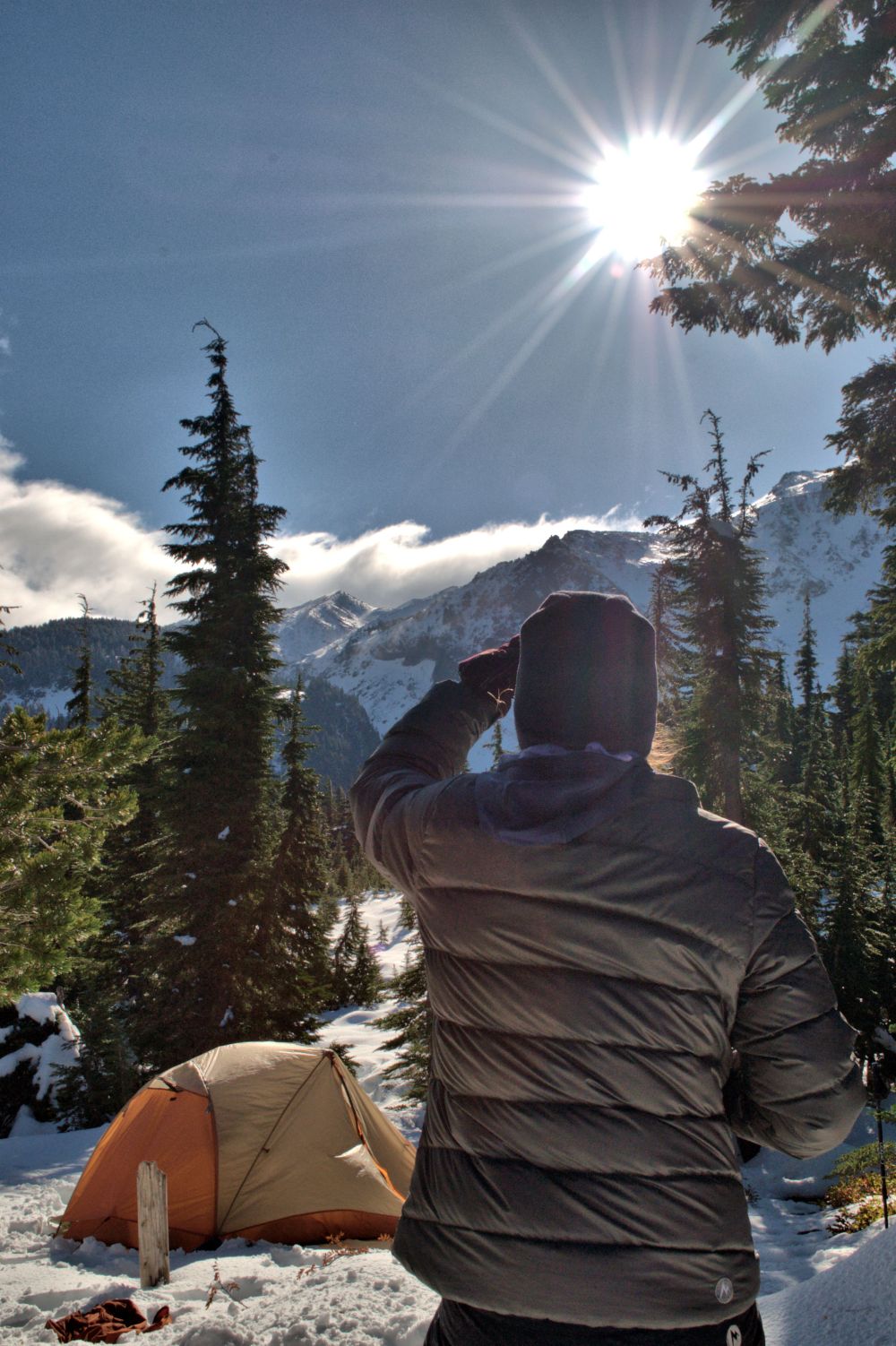 Me, gazing at the rolling waves of clouds breaking over the ridge of Mt. Jefferson.