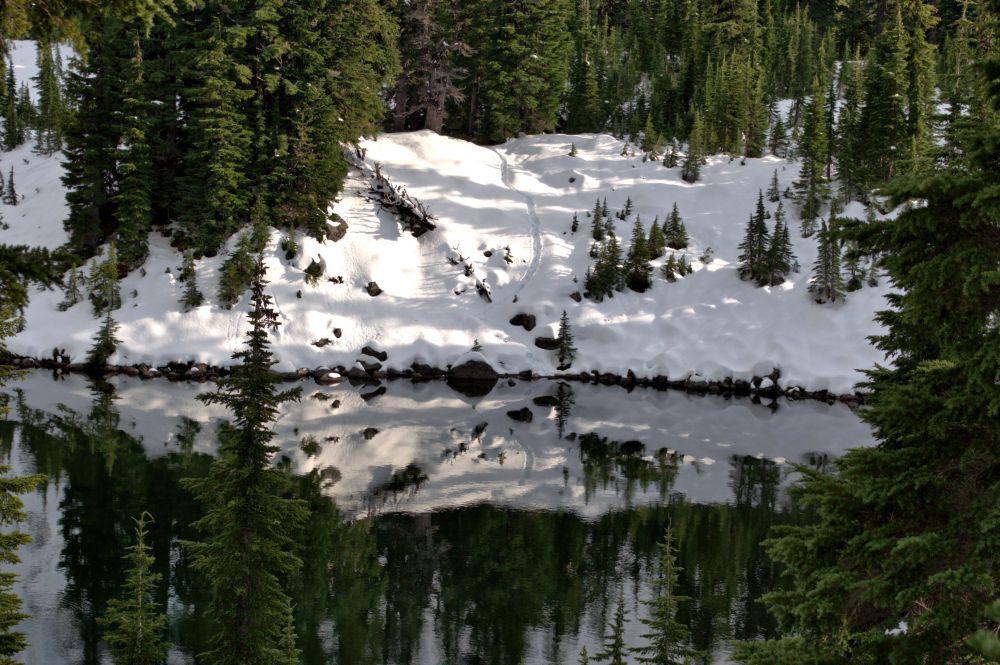 We spotted our trail down the steep hill from our camp to the lake