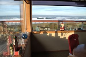 Waves crash beyond the breakfast table