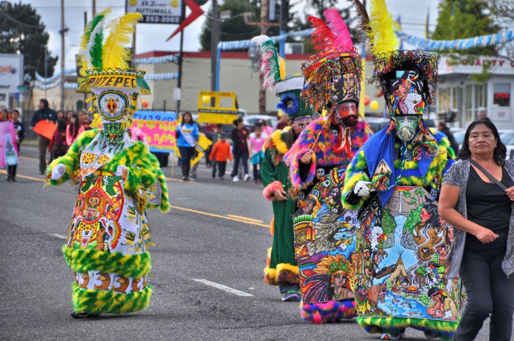 The stunning costumes of the the dancers Comparsa Orgullo Morelense Cemiac. Tara pointed out that the historic traditions illuminated are Aztec.