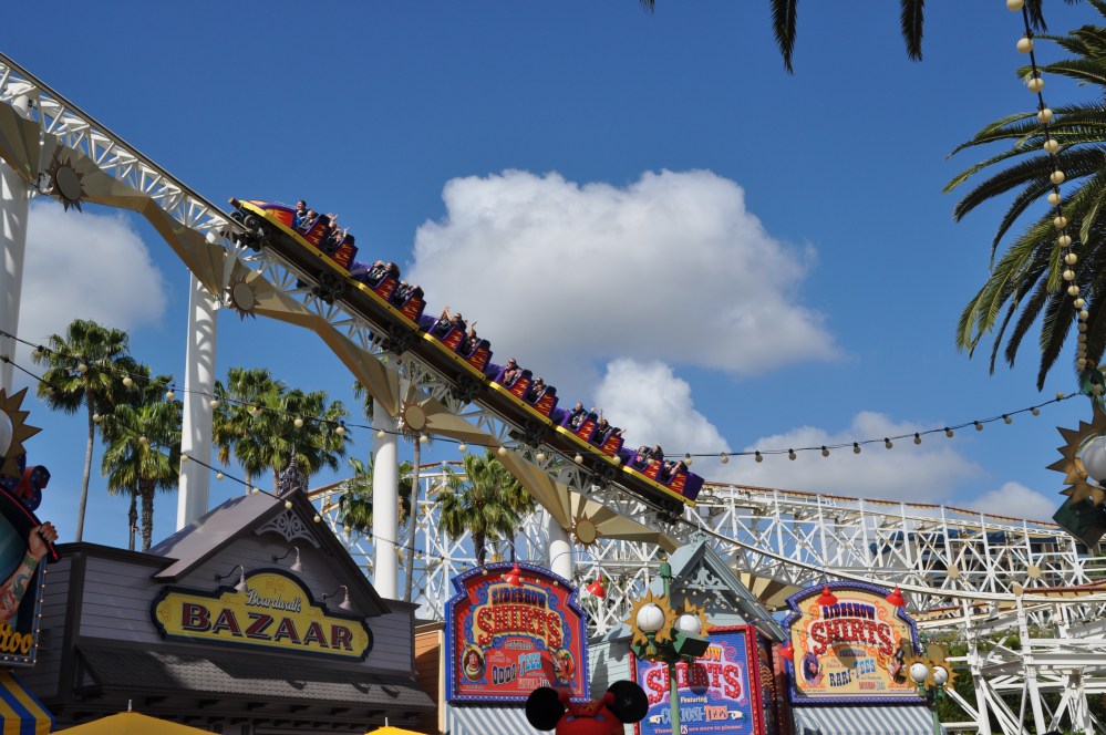 Another shot I like, as the rollercoaster flashes overhead above Toy Story Midway Mania!