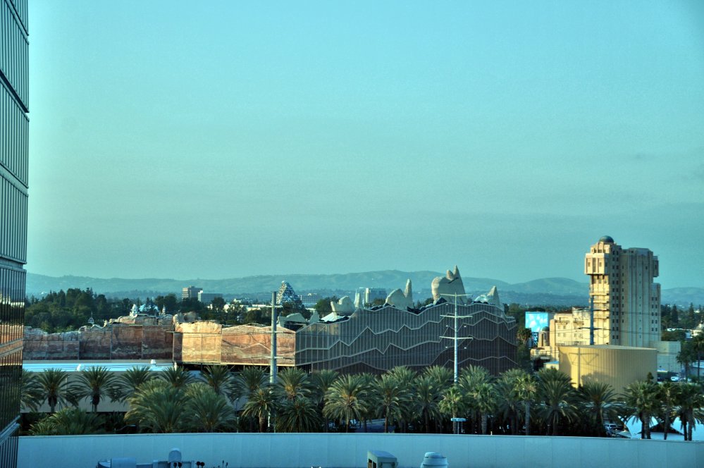 View of the park from our Hilton room. You can see the backdrop to Cars Land, and the Tower of Terror.