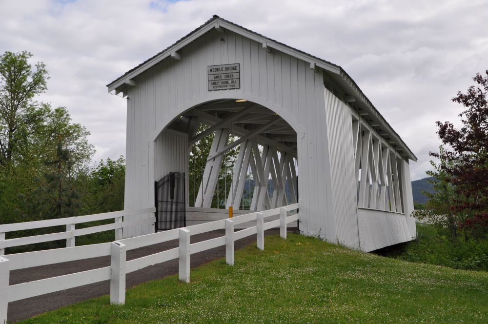 Weddle Bridge now sits in a place of honor in Sweet Home, Oregon. It was originally built near Crabtree, Oregon.