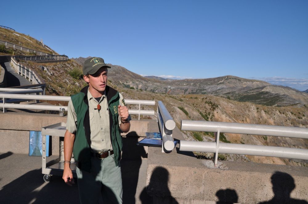 A park ranger gives a talk on how expectations of what to expect when the eruption happened, didn't quite come to pass.