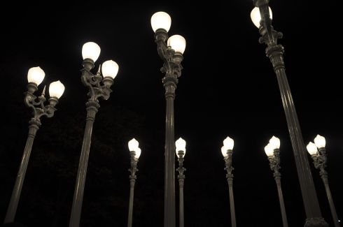 The lampposts are recycled antiques.