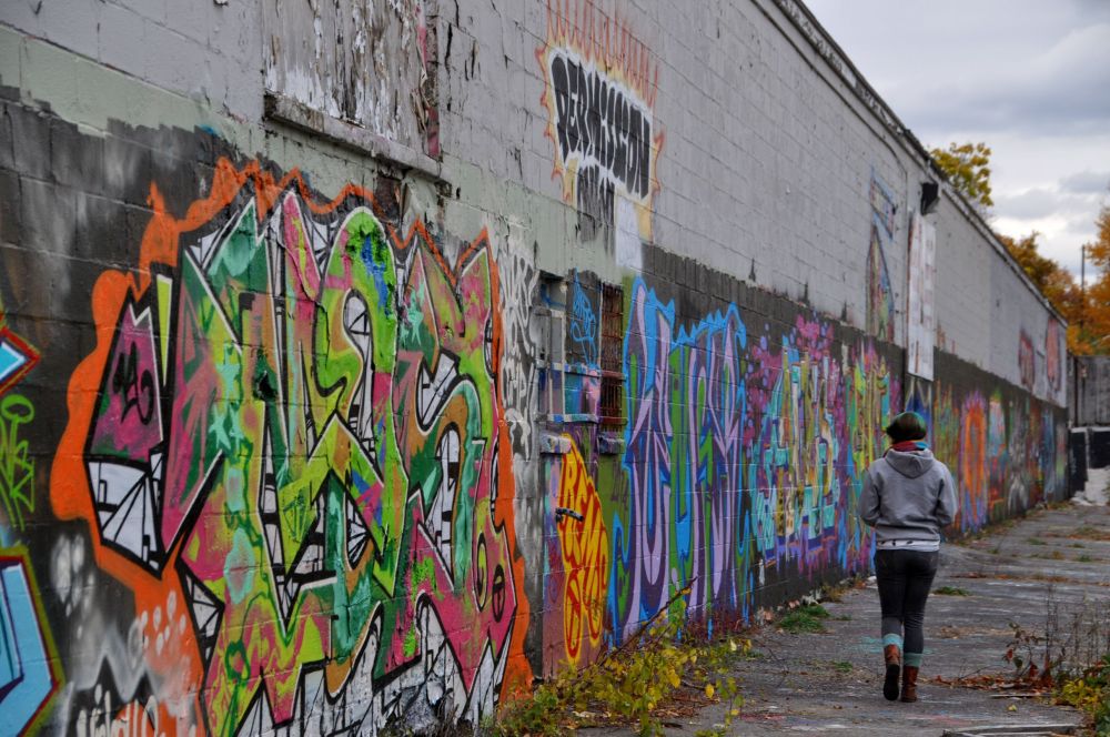 My favourite grafitti spot is in Fitchburg, Mass. I find it powerful that such beauty is created and then destroyed weeks, or even days later, when the artists come back to paint something new.