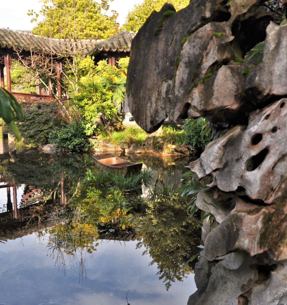 A boat rests in a clump of vegetation, and shelters fish in its shadows.