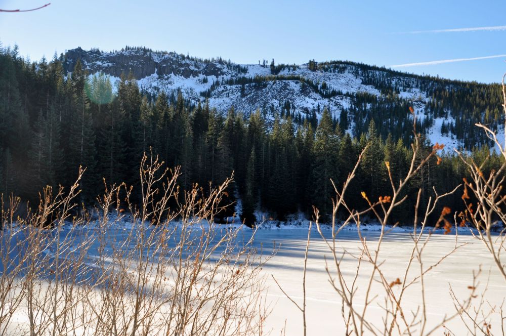 Looking across the lake up to the summit of Tom Dick and Harry Mountain, my next destination.