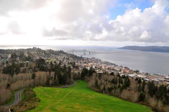 And this is the view from the top. That's the Astoria Megler Bridge connecting Oregon to Washington, across the mouth of the Columbia River.