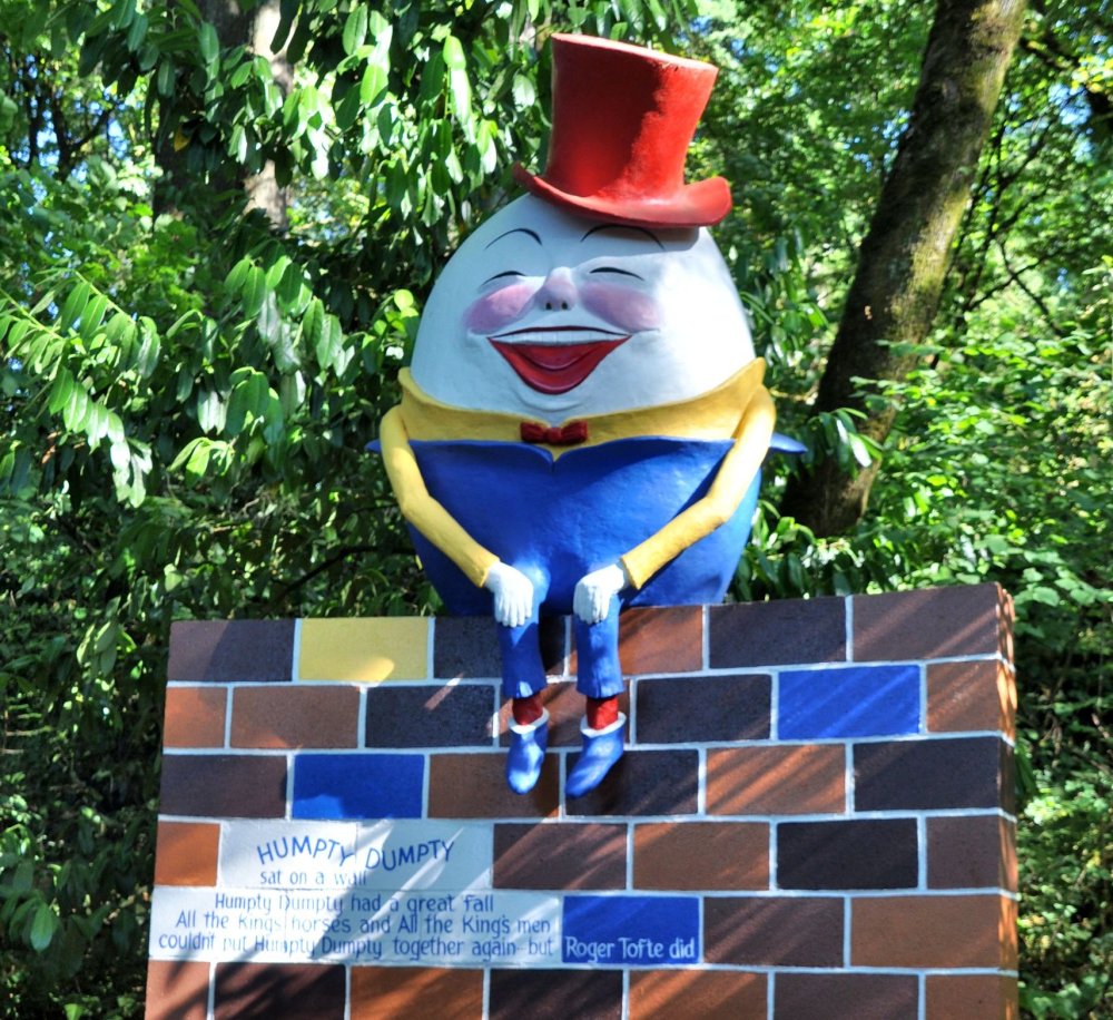 A happy Humpty Dumpty was put back together by Roger Tofte, according to the sign.