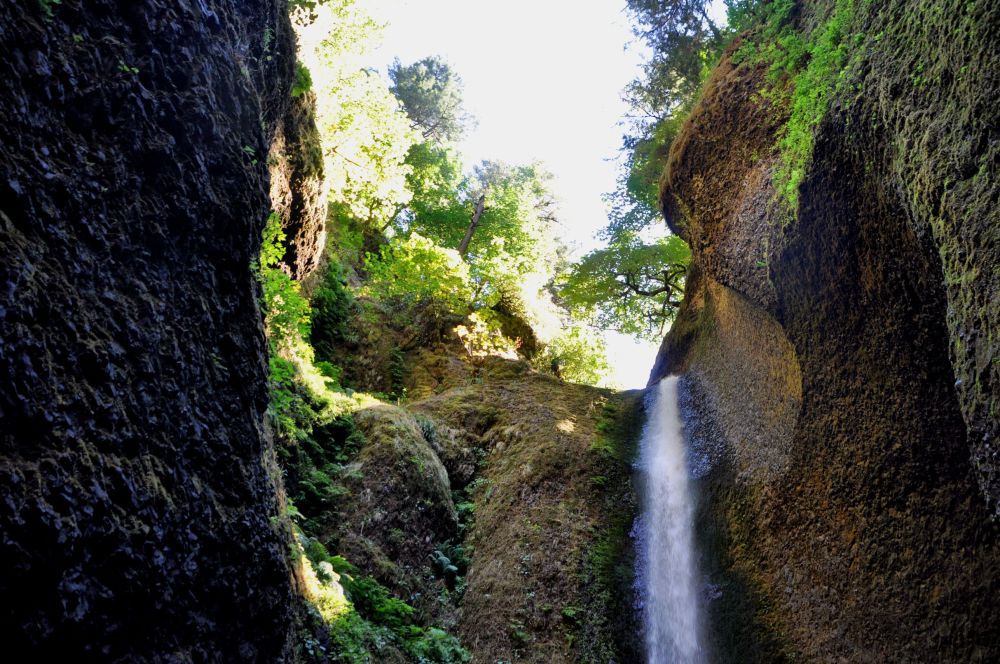 The top of Oneonta Falls as it crashes down into the narrow gorge and pool below.