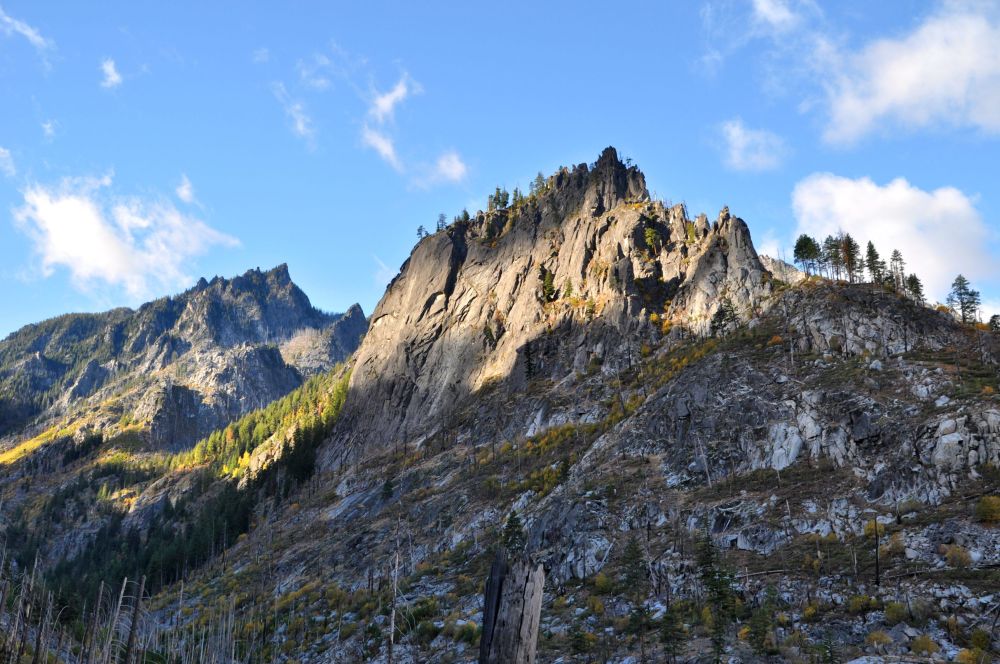 This is called the Snow Creek Wall, and is popular with rock climbers. On my way up, and back down, I looked carefully, but did not see any climbers on the wall itself, though I did see climbers making their way through the valley back to the trail.
