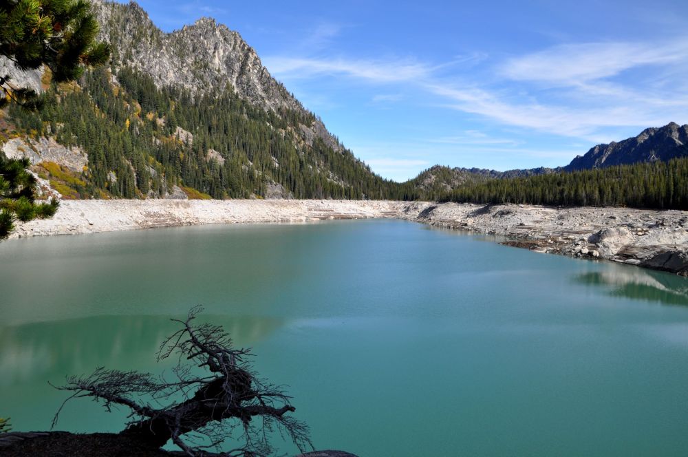 The view from the far end of the lake, back toward the stone dam, near where my tent is pitched.