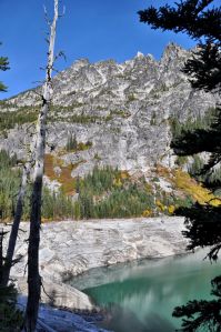 Looking up the side of The Temple (8292 feet) soaring above the shores of Upper Snow Lake.