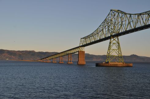The Astoria-Megler Bridge from the balcony of my room in the morning sunshine.