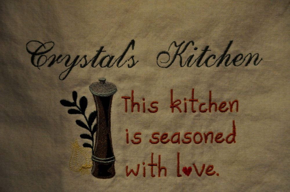 Close up of the kitchen towel that Marlene made for me as a housewarming gift.