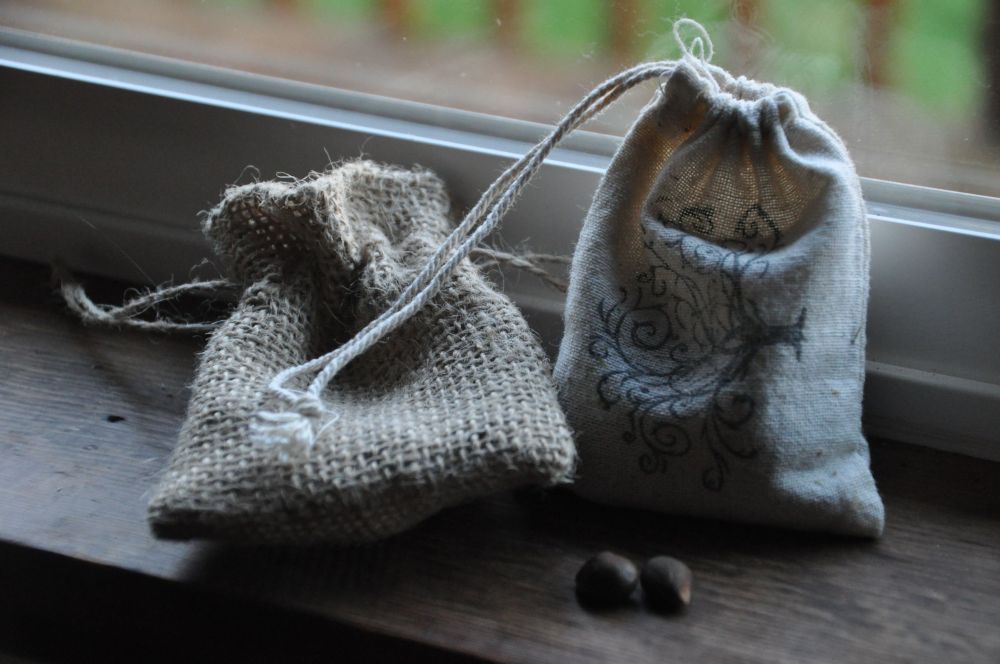 Empty garlic bag and mostly empty nut bag.