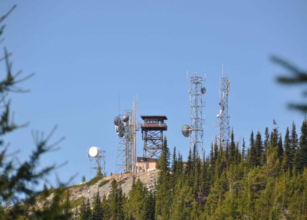 A view of the lookout from the road to reach it. The towers are communications relays.