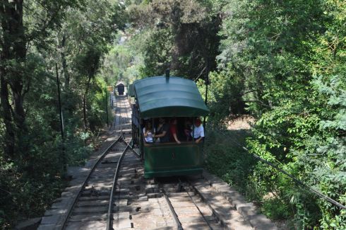Our car is passing another as we ride the funicular down the hillside.