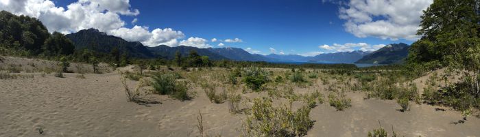 This is panoramic view from my phone shows Lake Todos los Santos with pumice gravel in the foreground from a 2015 eruption.